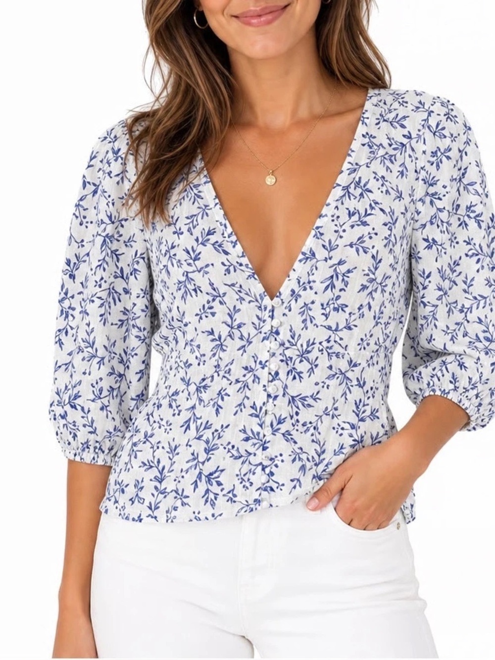 H&M Women Floral Puff Sleeve Linen Blend Crop Top M Blue White Boho Cottagecore